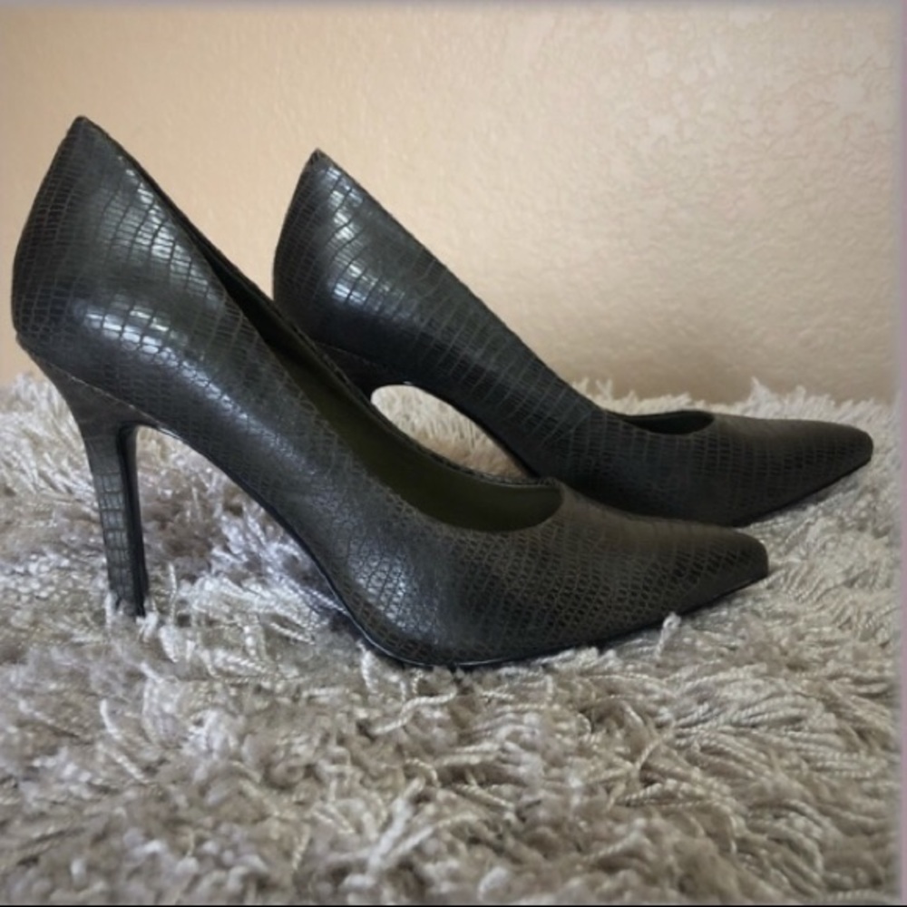 BCBGeneration Dark Gray Snake Skin Heels